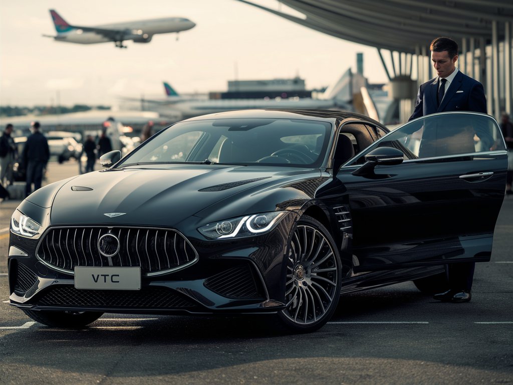 Une image d'une voiture VTC de luxe garée devant l'aéroport de Lyon, avec un chauffeur prêt à aider un passager avec ses bagages